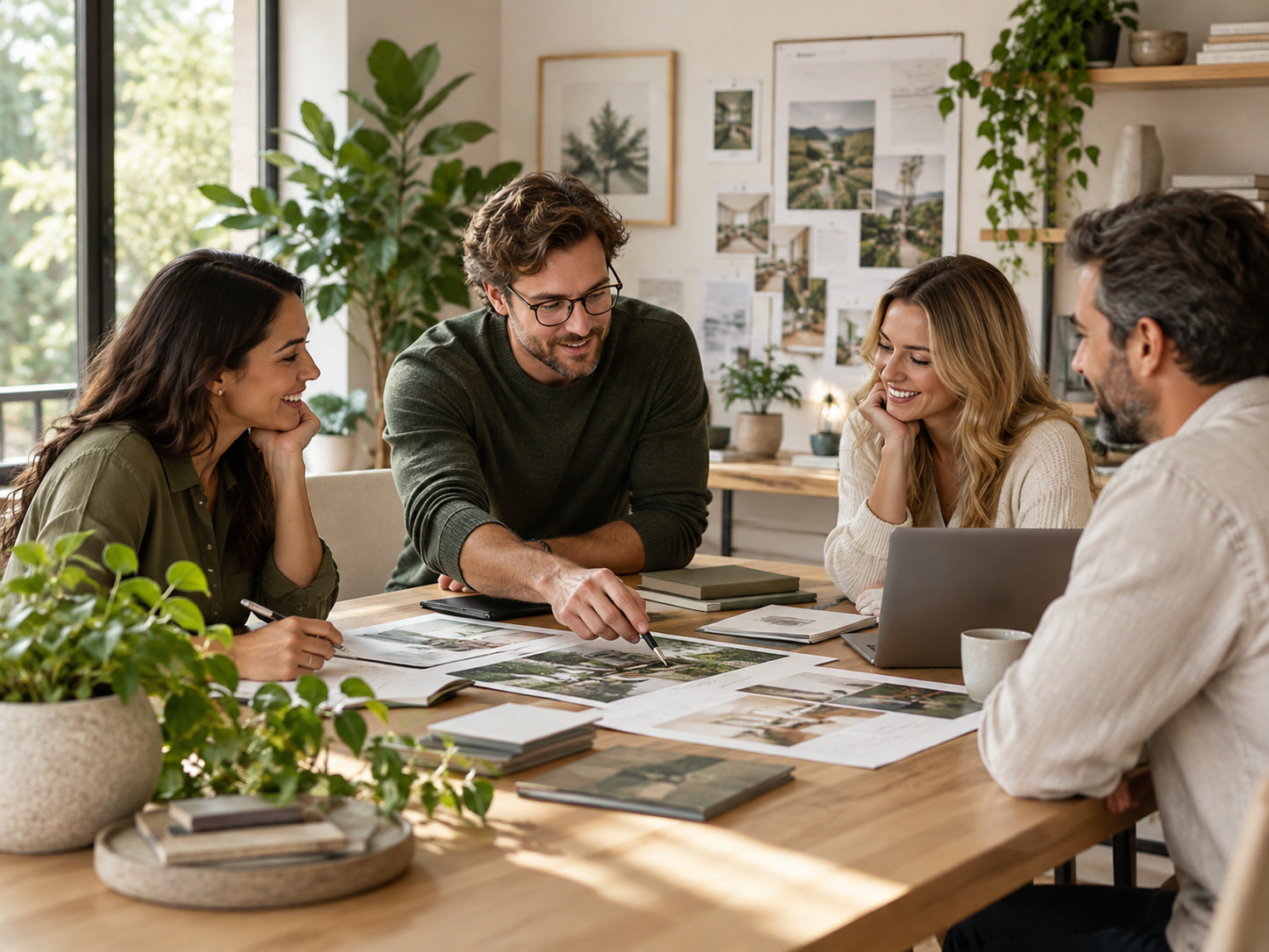 Team collaborating around a table in a bright creative workspace