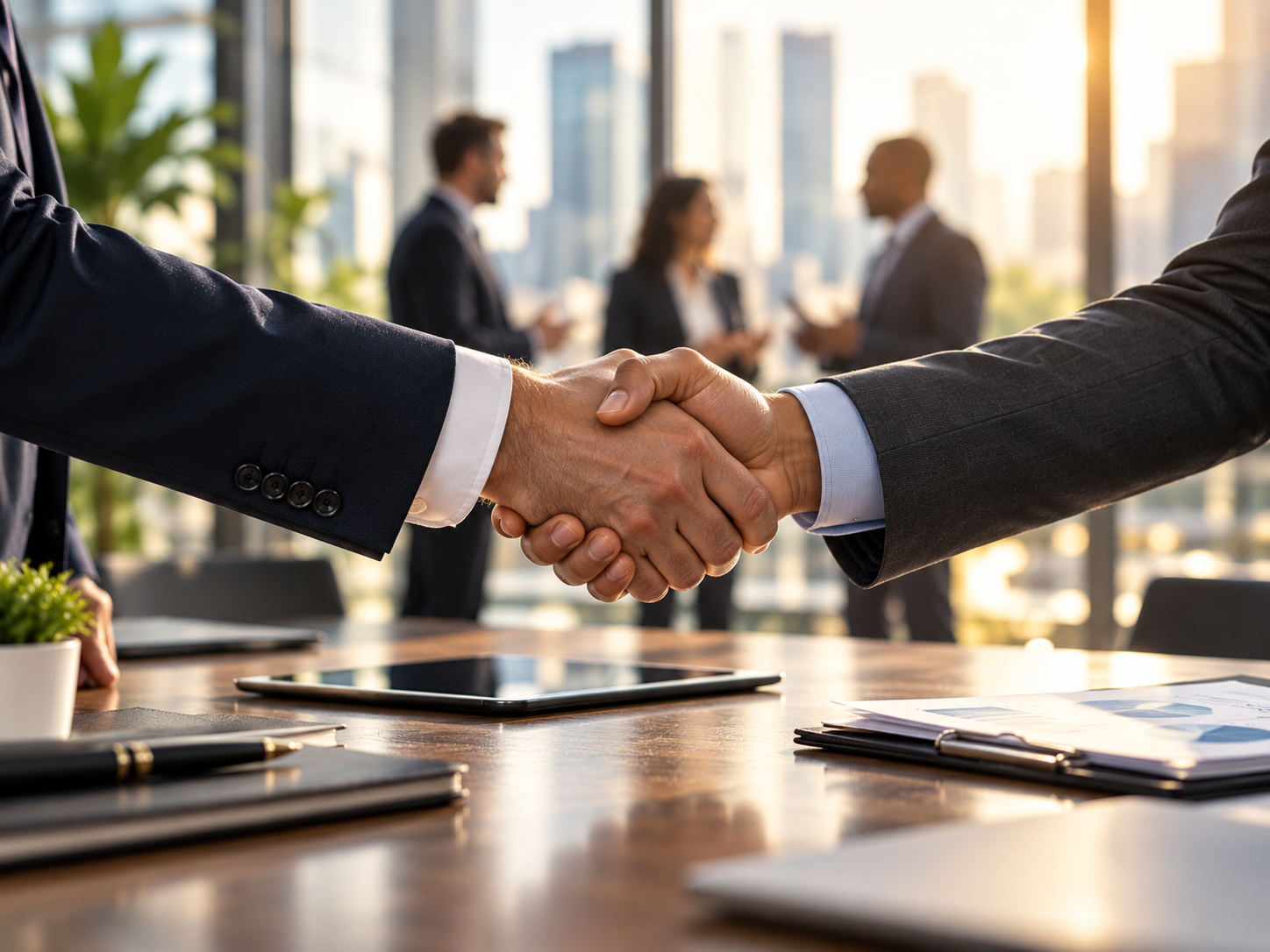 Business professionals shaking hands in a bright meeting room
