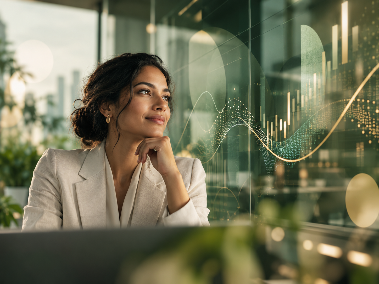 Professional reviewing information with data visualizations in a modern workspace